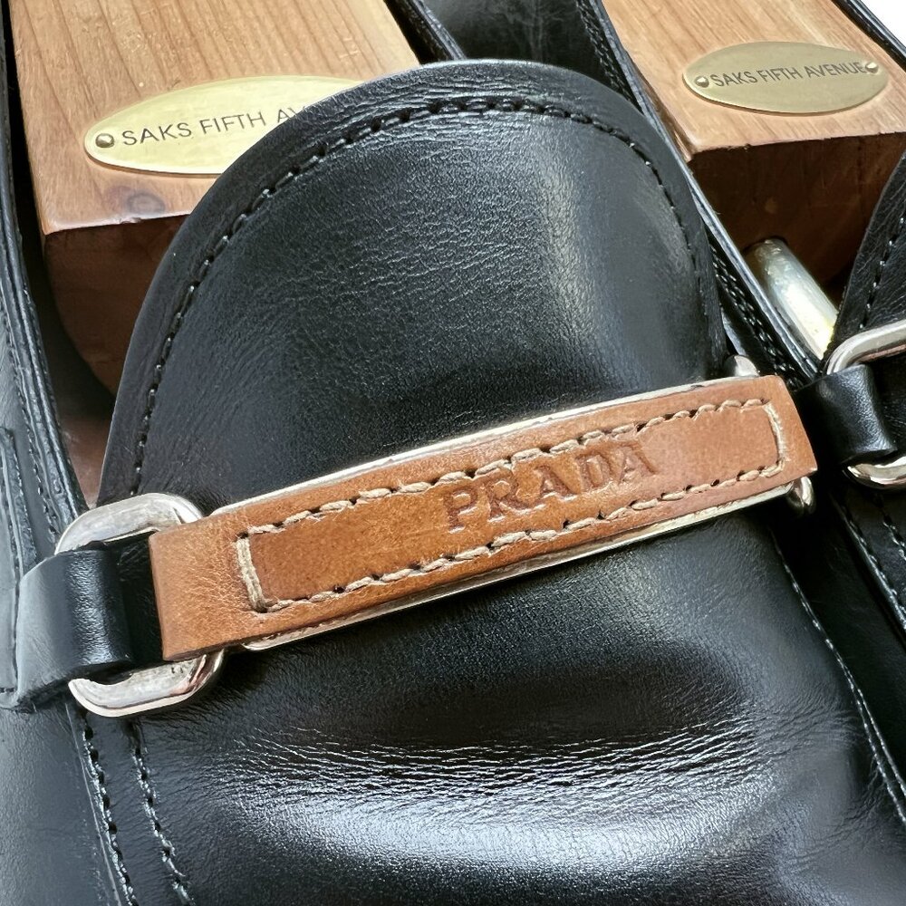 $1150 PRADA Mens Black Dress Shoes Silver Bit Loafers US 9.5 / UK 8.5 / 42.5 EU